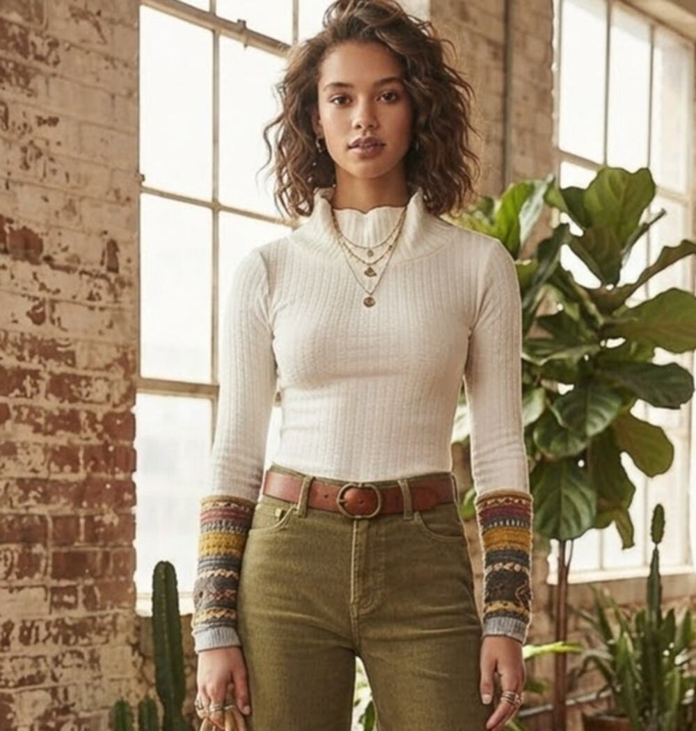 Y2K style Free People boho alpaca blend ribbed mock neck sweater blouse